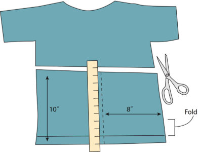 illustration of a shirt cut in half with a ruler and scissors next to it